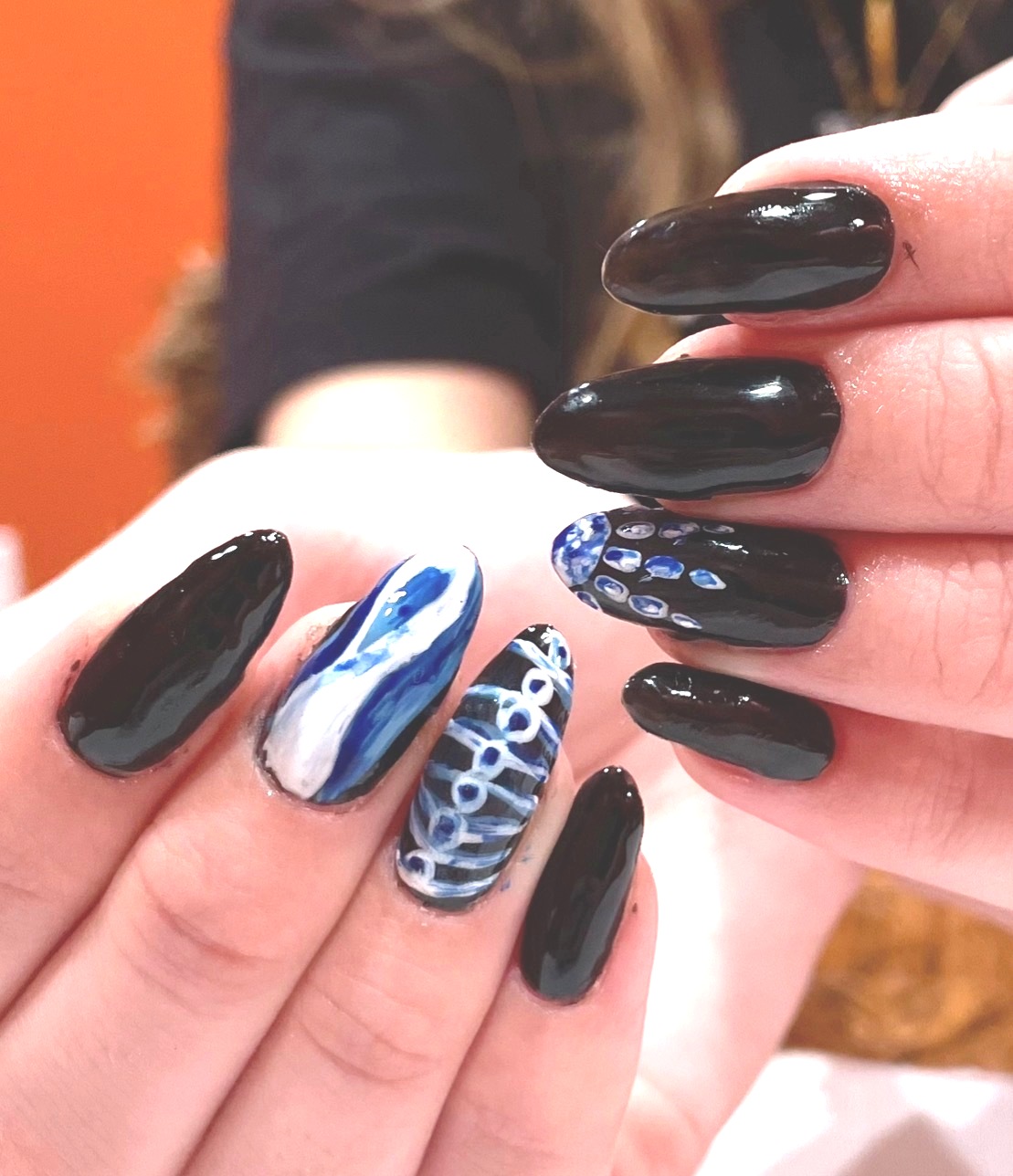 Black blue marble nails